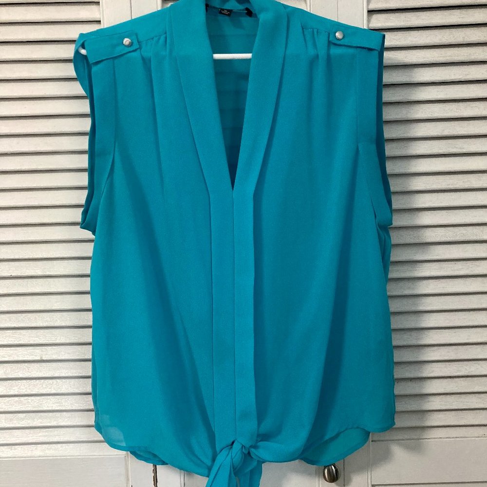Teal sleeveless blouse with tie front